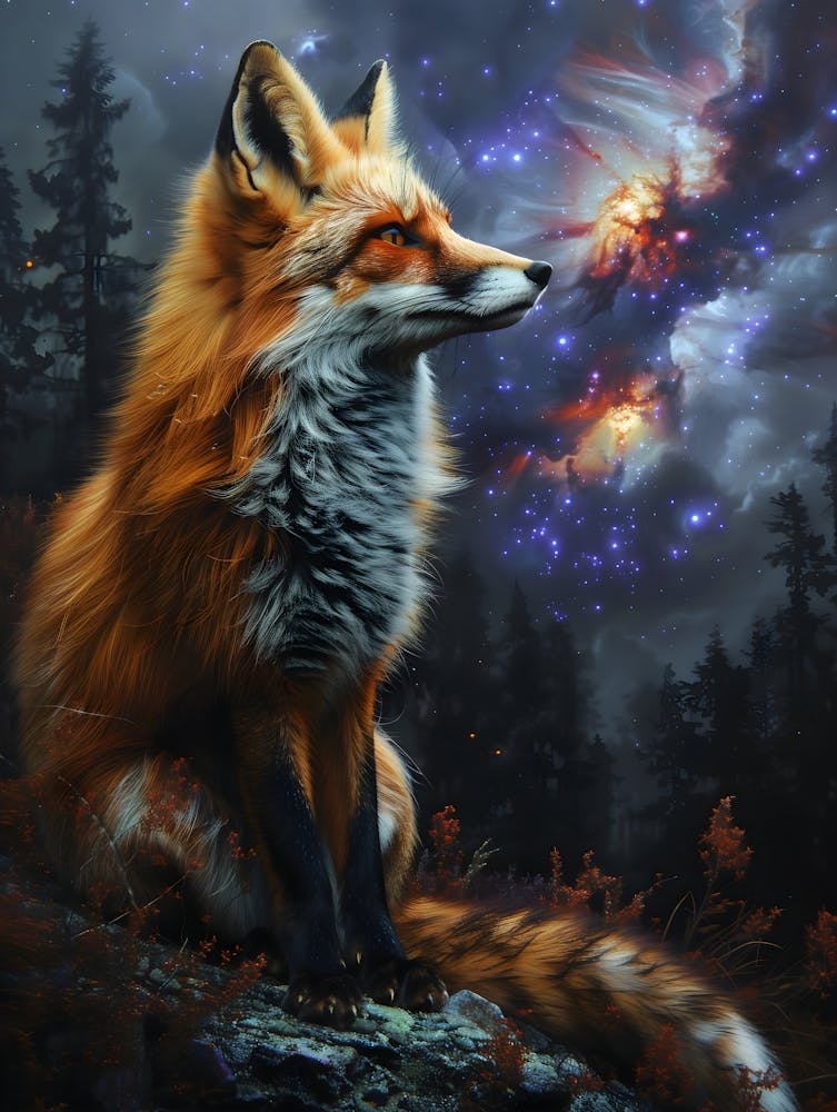 Fox In The Night Sky, Bichromatic, Surrealism, Impressionism