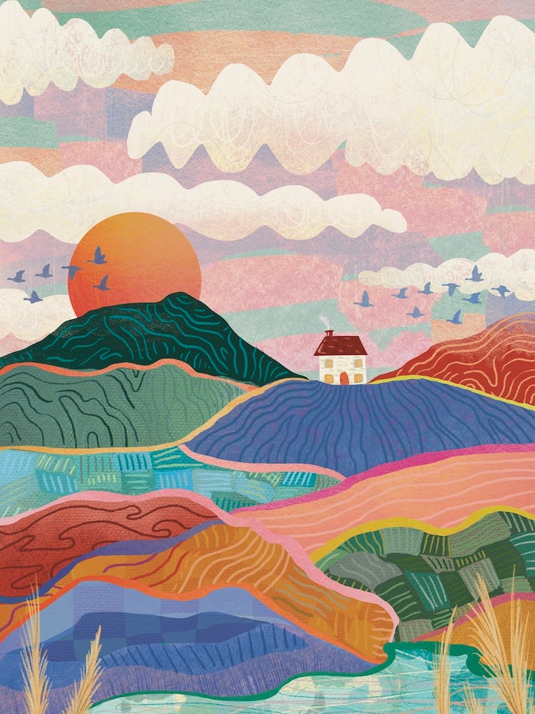 Rainbow Fields Sunset Landscape 