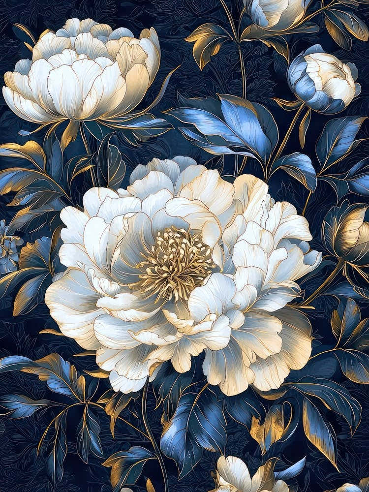 William Morris Prints Blue Flowers Peony Morris Exhibition Print Navy Blue Gold Poster Vintage Full