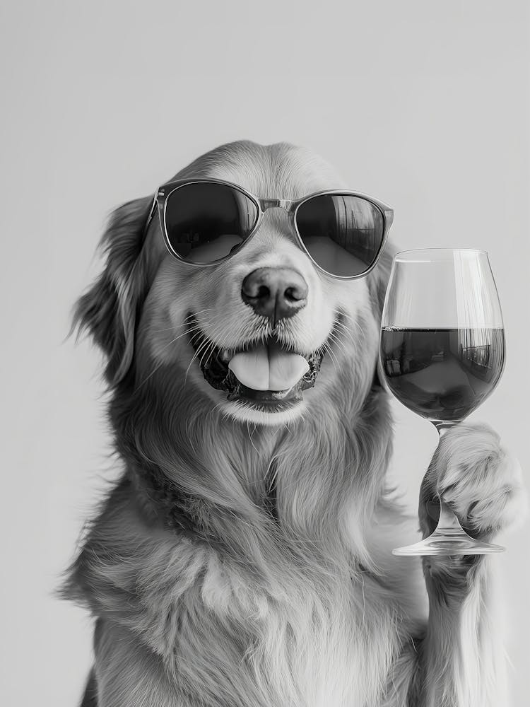 Golden Retriever Drinking Red Wine Print, Black And White Art, Bar Cart Print, Pet Art, Kitchen Print, Funny Dog Poster, Bar Wall Decor