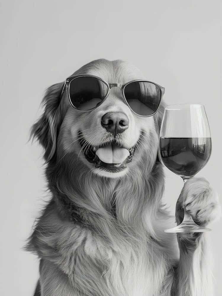 Golden Retriever Drinking Red Wine Print, Black And White Art, Bar Cart Print, Pet Art, Kitchen Print, Funny Dog Poster, Bar Wall Decor