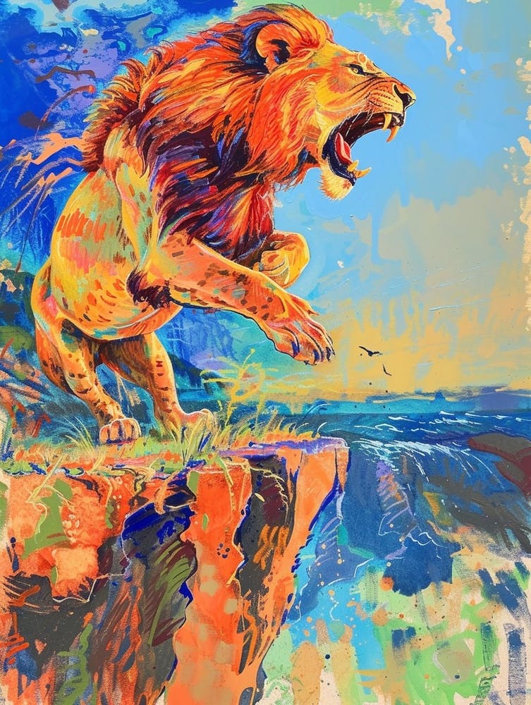 Southwest African Lion Roaring On A Cliff Fauvist Painting 2