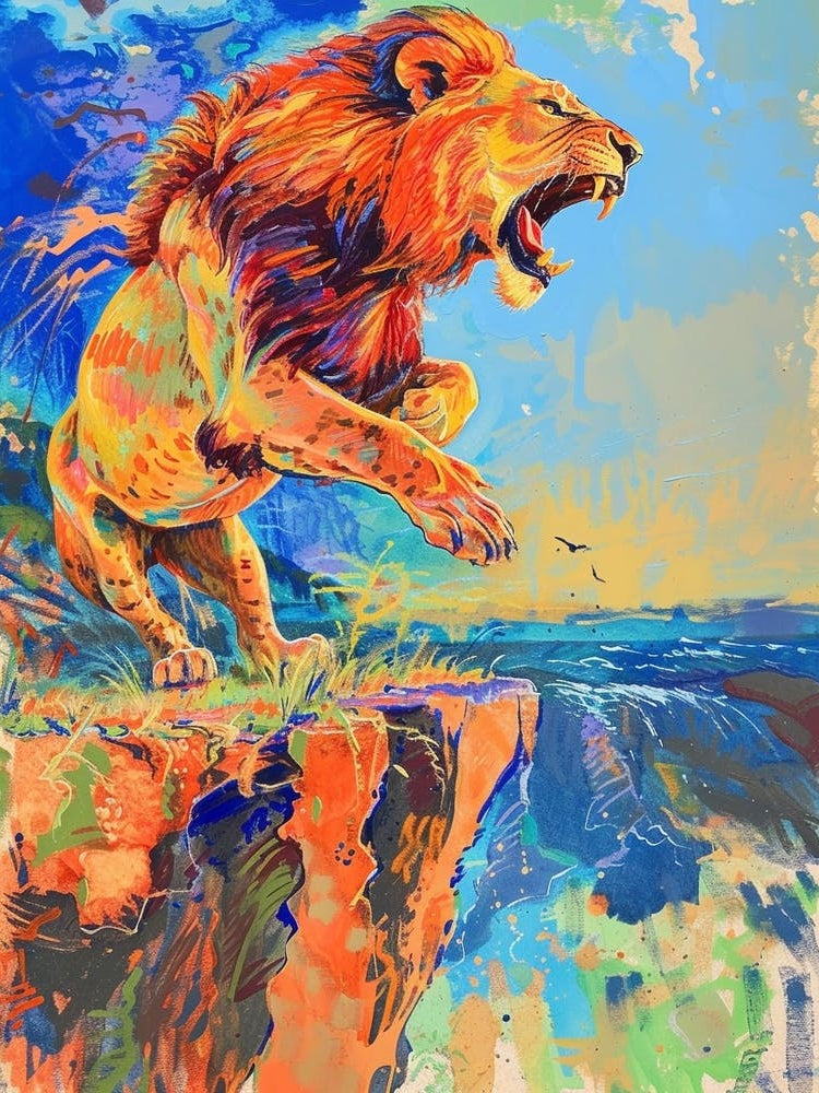 Southwest African Lion Roaring On A Cliff Fauvist Painting 2