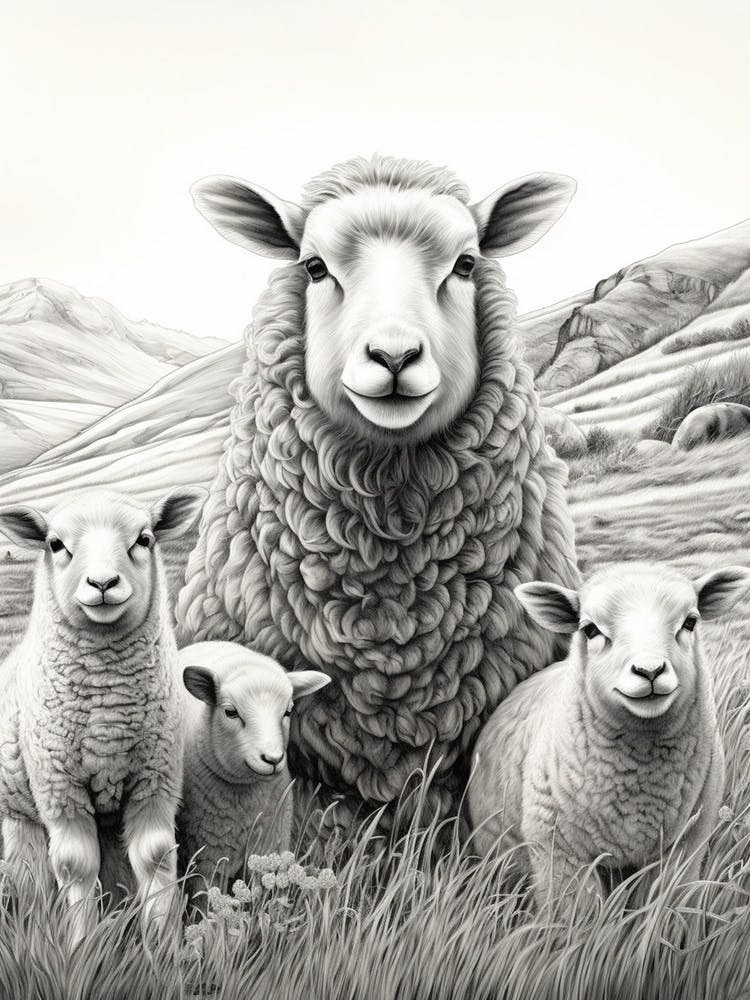 Black & White Illustration Of Highland Sheep With Lamb 3