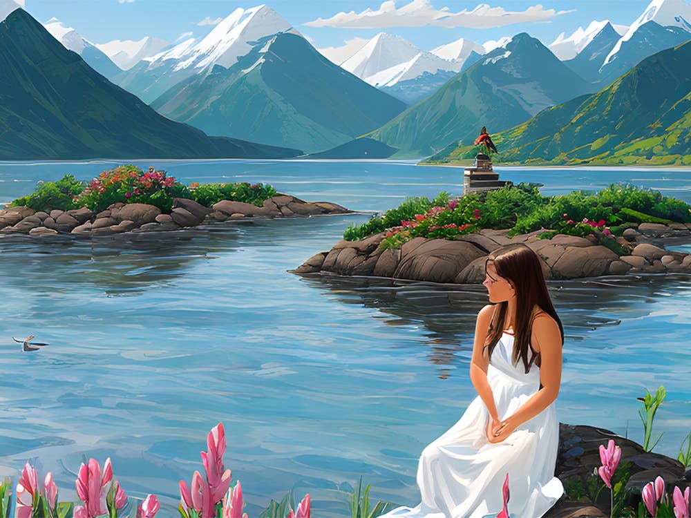 Woman Sits By The Lake With Mountain View