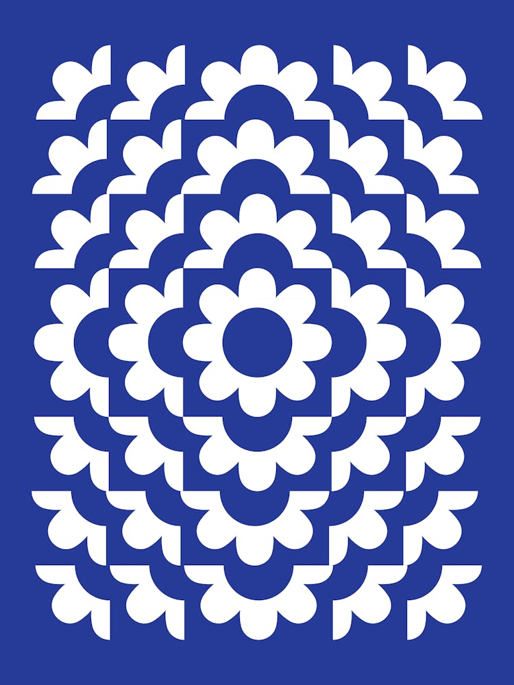 Midcentury Modern Abstract Geometric Flower Pattern Floral in French Blue 1