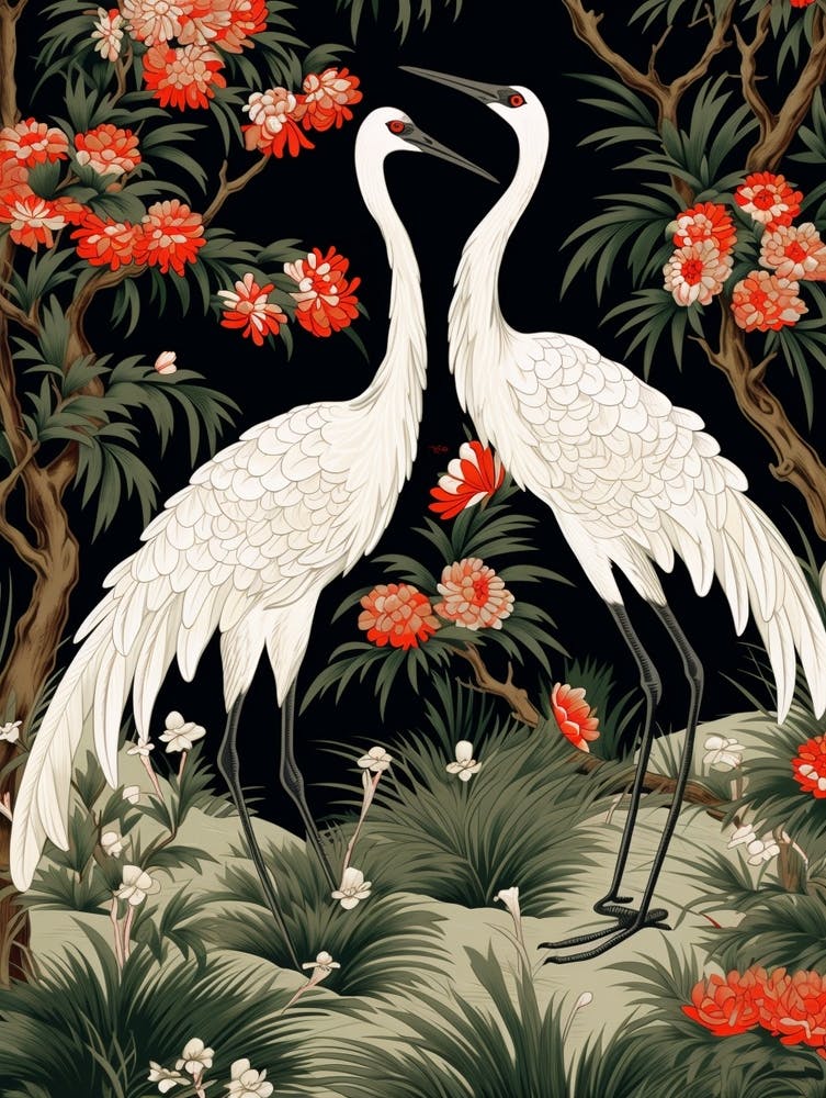 Black And Red Cranes 10 Vintage Japanese Botanical