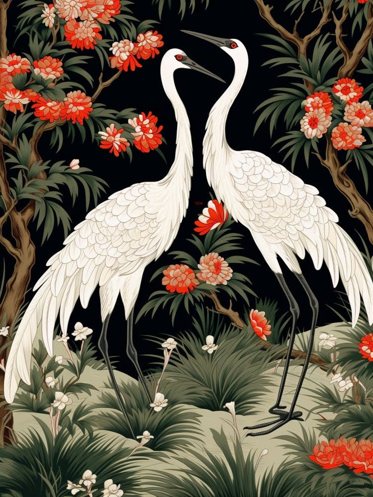 Black And Red Cranes 10 Vintage Japanese Botanical