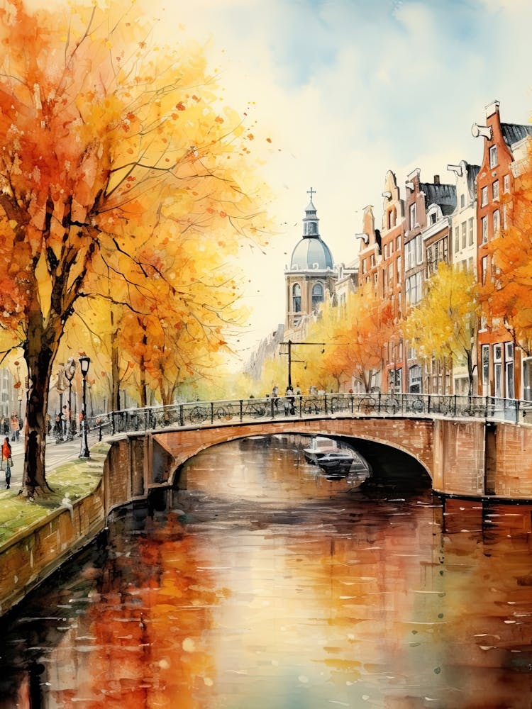 Amsterdam, Netherlands In Autumn Fall, Watercolour 4