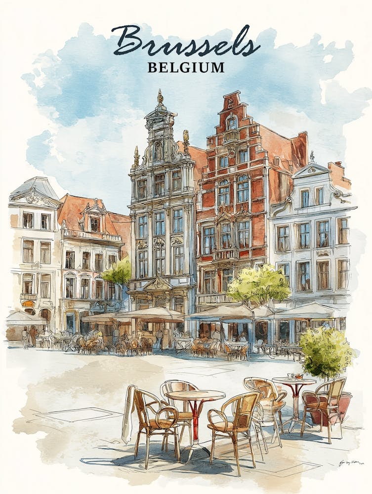 Brussels Belgium – Vintage Watercolor Cityscape & Café Scene