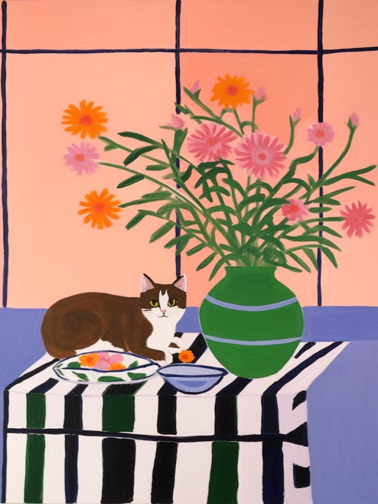 A Painting Of A Still Life Of A Aster With A Cat In The Style Of Matisse 4