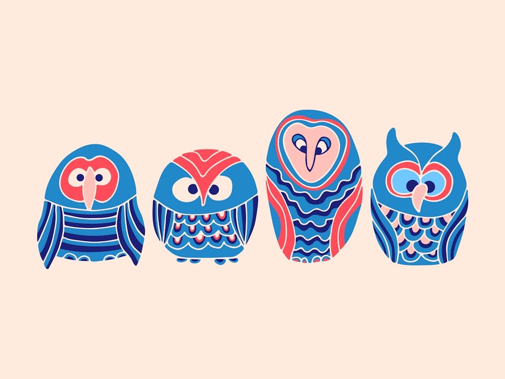 WOO HOO Cute Owls Forest Birds Woodland Nature Wildlife in Blue Red Pink Cream Kids
