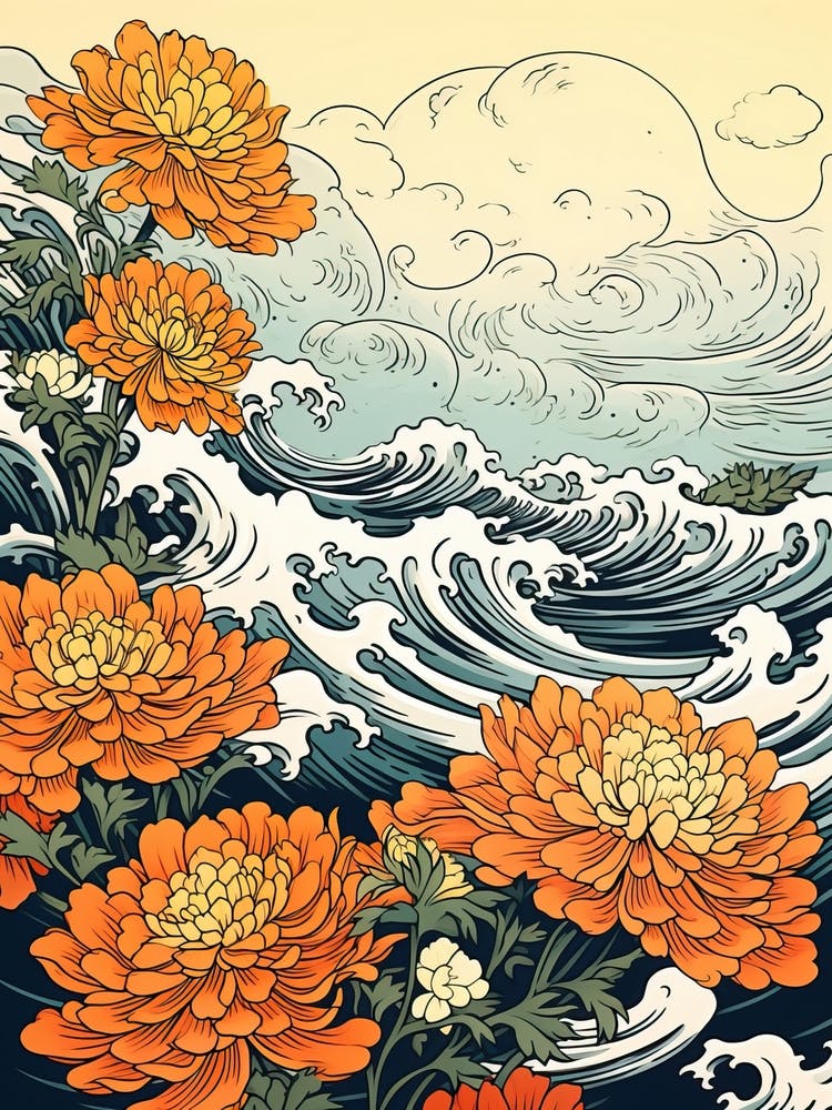 Great Wave With Marigold Flower Drawing In The Style Of Ukiyo E 4