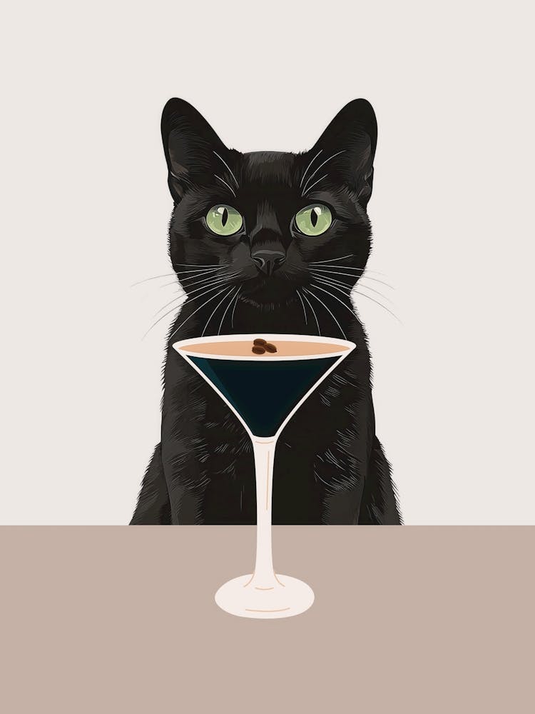 Cat with Espresso martini art in neutral and beige colors in a minimalist aesthetic, quirky illustration whimsical artwork ideal for kitchens, cafes, coffee bars, bar carts, fun contemporary art for an eclectic living room