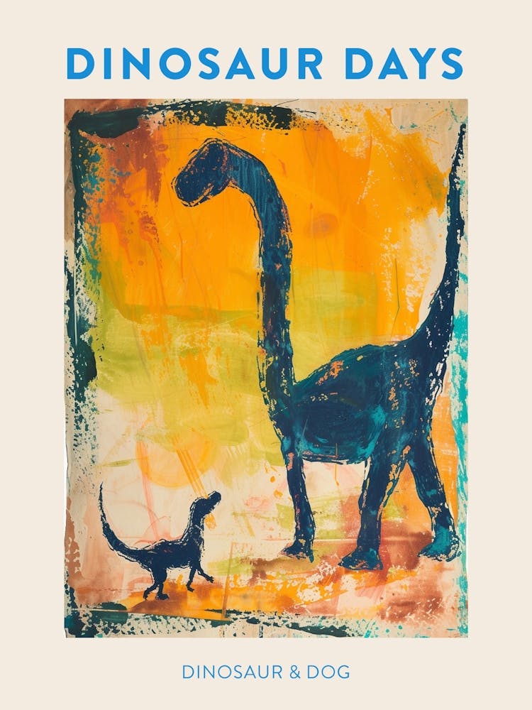 Dinosaur & Dog Blue Orange Poster