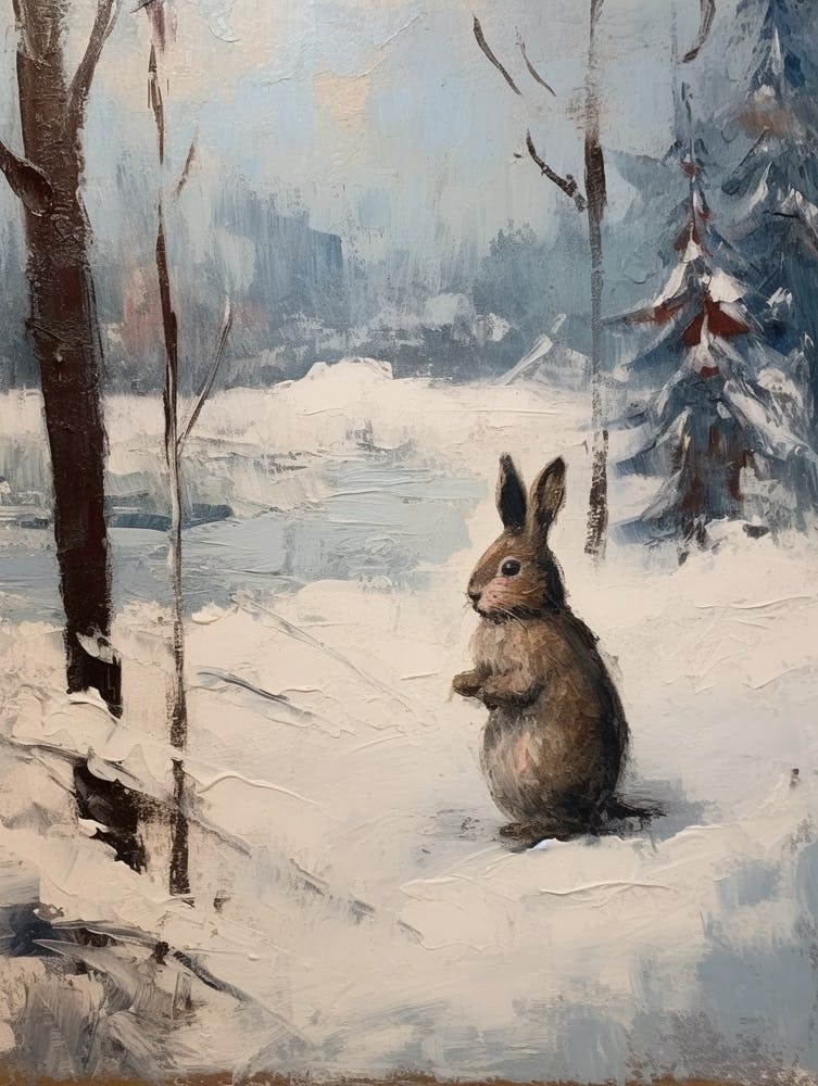 Vintage Winter Animal Painting Rabbit 1