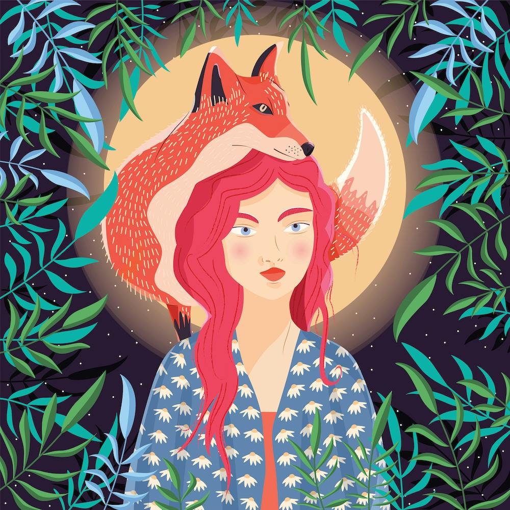 Girl And Her Fox In Moonlight Square