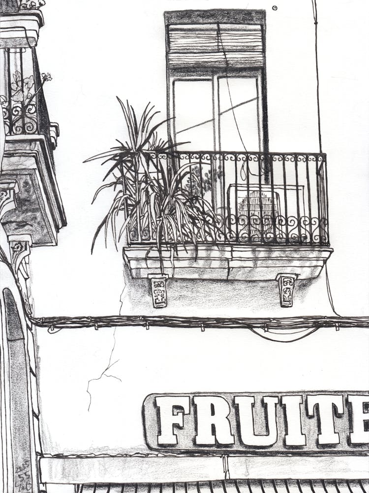 Balkon über dem Obstladen