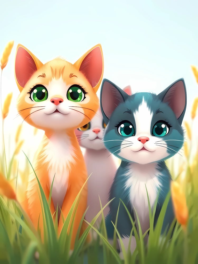 Trois chatons dans l'herbe