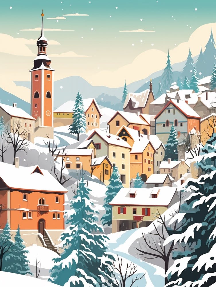Vintage Winter Travel Illustration Cesky Krumloy Czechia 1