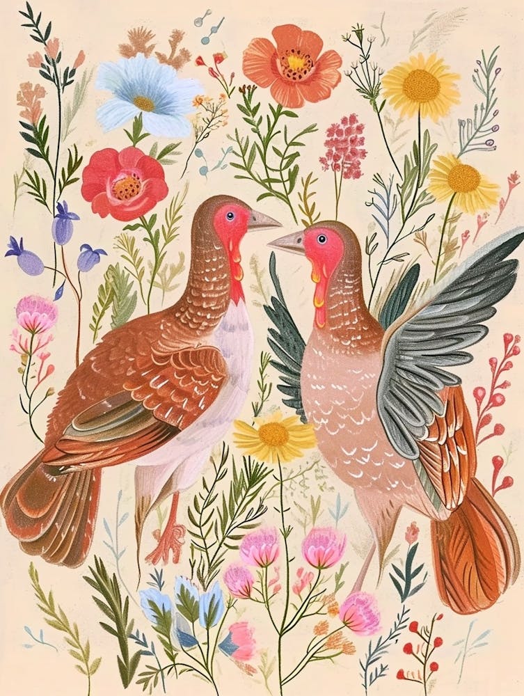 Folksy Floral Animal Drawing Turkey