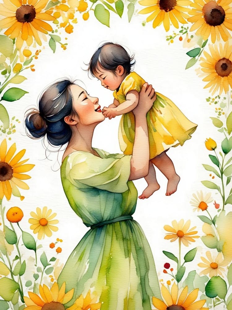 Mother And Daughter With Sunflowers