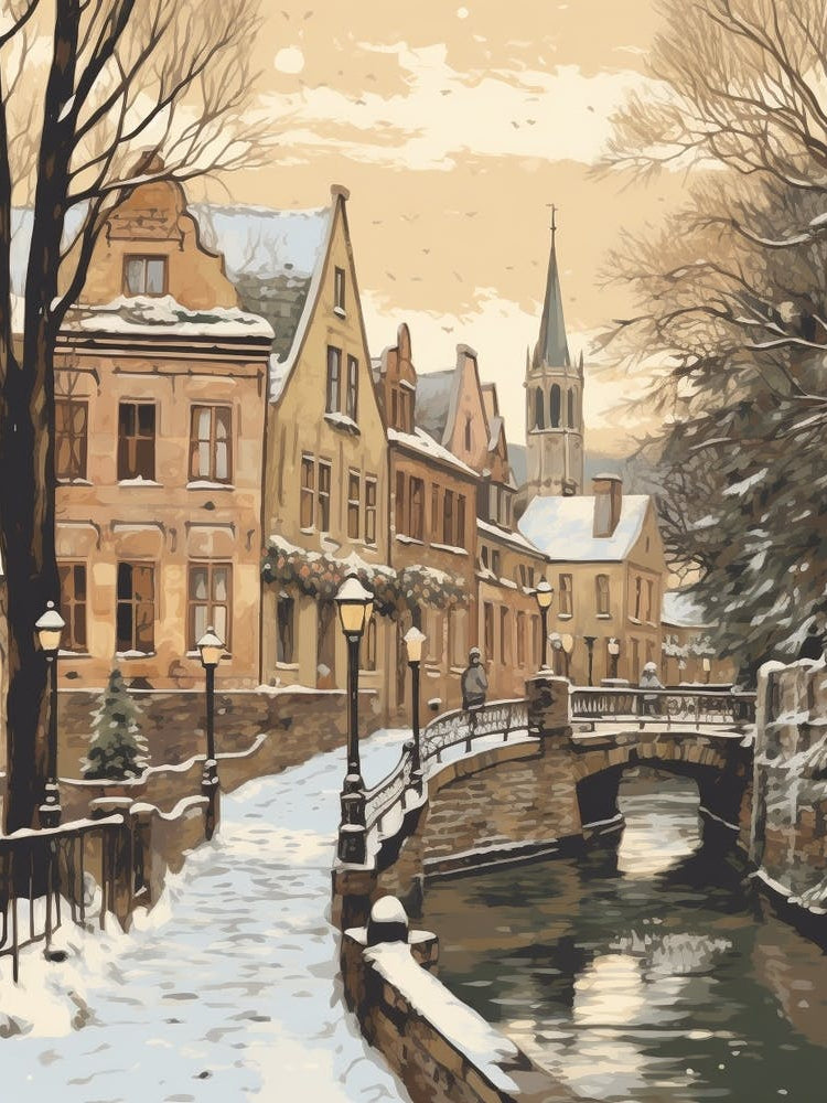 Vintage Winter Illustration Bruges Belgium 4