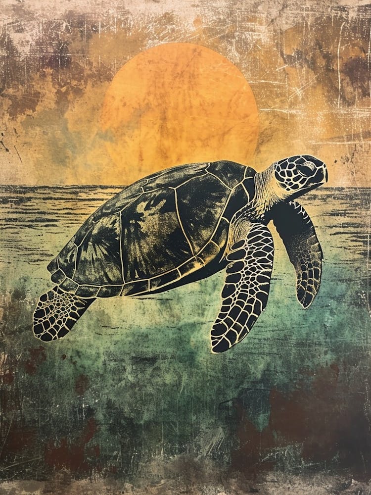 Vintage Sea Turtle At Sunset Painting 3