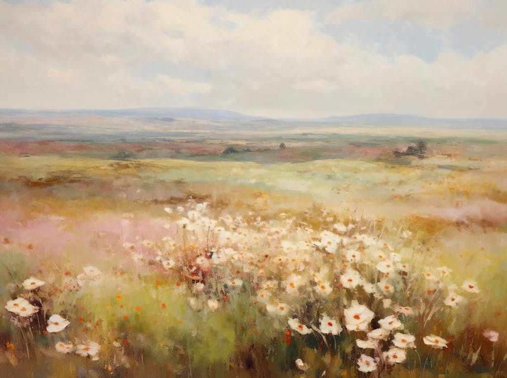 Wildflower Field Landscape Oil Painting, Vintage Landscape, White Flowers Country Field Art Digital Download, Nature Printable Art