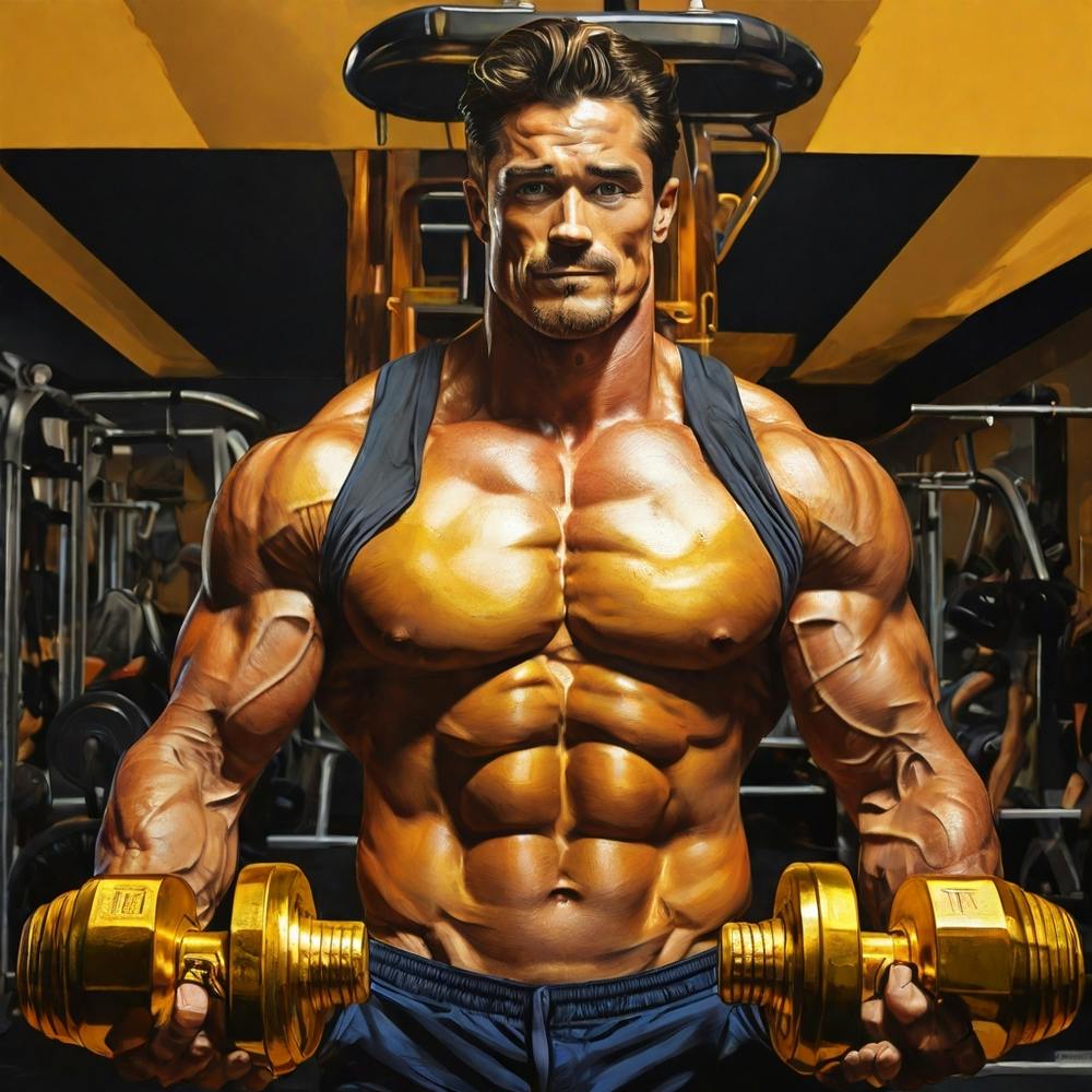 Bodybuilder Lifting Golden Dumbell In Gym | Pop Art