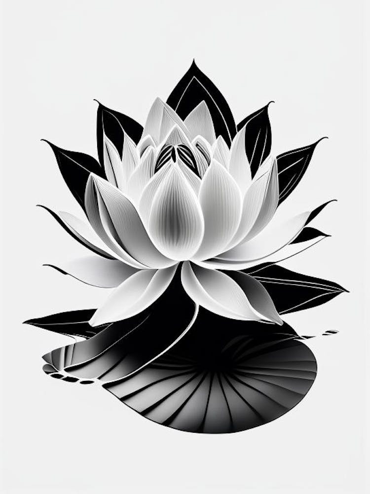 Blooming Lotus Flower In Pond Black And White Geometric 6