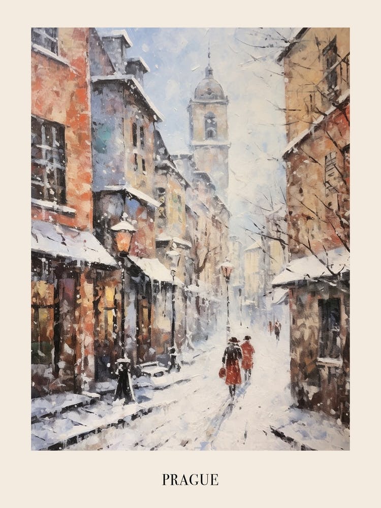 Vintage Winter Painting Poster Prague Czech Republic