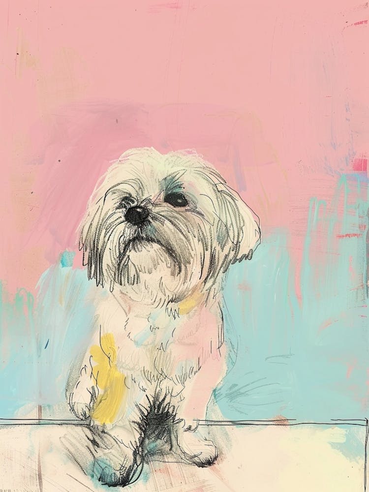 Coton De Tulear Dog Pastel Line Watercolour Illustration  3