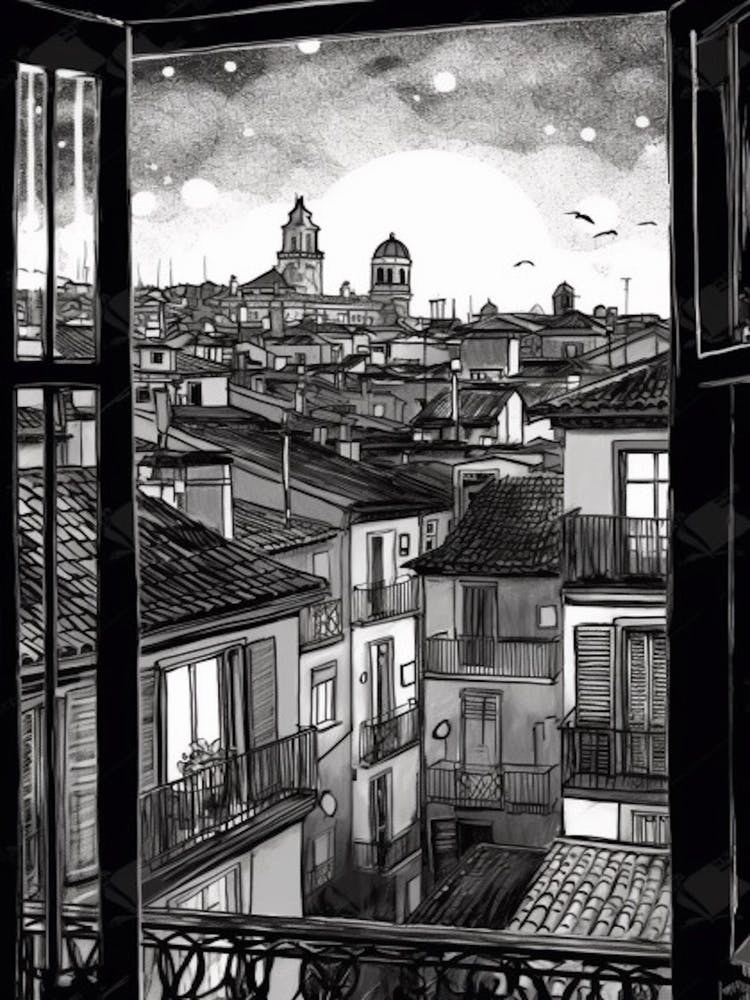 Une vue de fenêtre de Barcelone dans le style de l'art linéaire noir et blanc 3