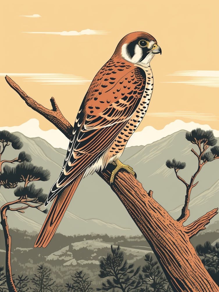 Vintage Bird Linocut American Kestrel 3