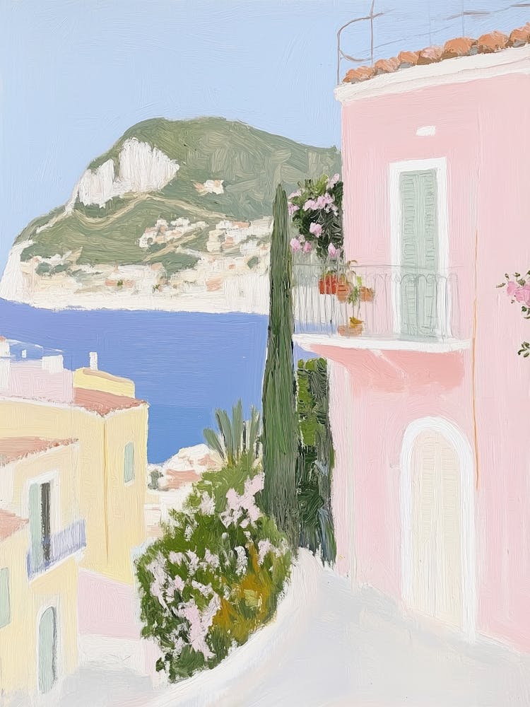Art Italie Positano Maison Rose Dans Les Collines Peinture Voyage Côtier D'Été