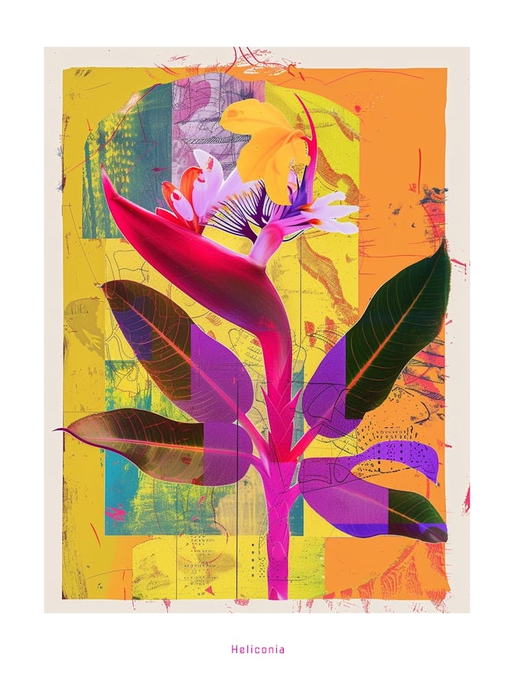 Heliconia 1 Neon Flower Collage Poster