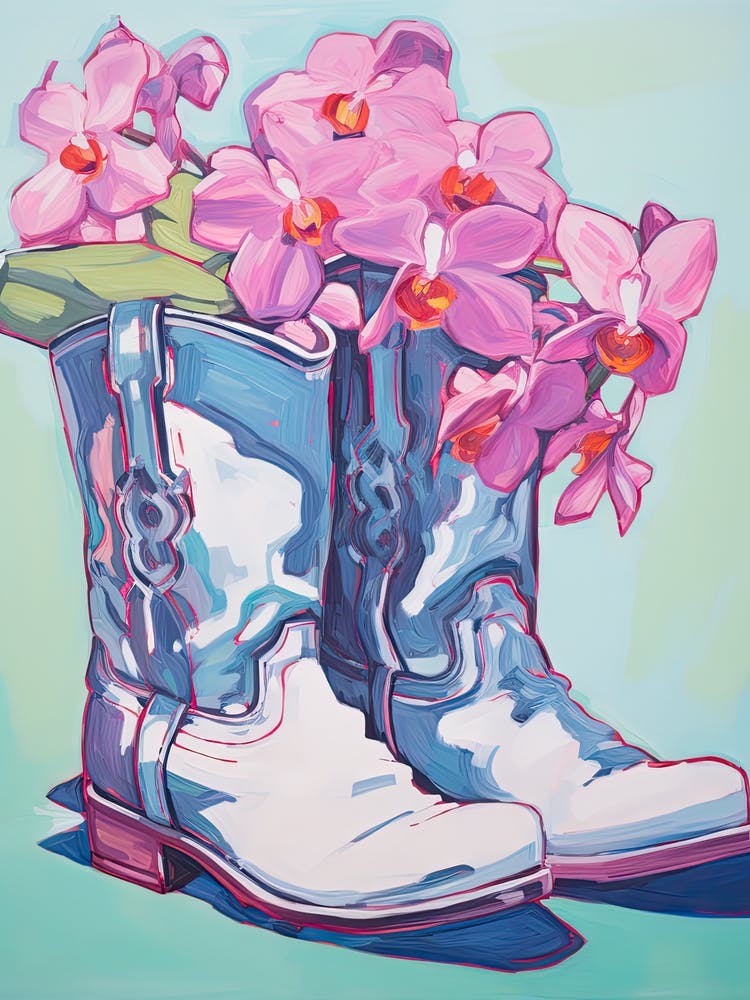 A Painting Of Cowboy Boots With Purple Lilac Flowers, Fauvist Style, Still Life 7