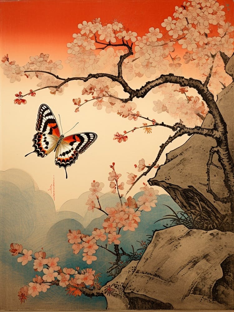 Schmetterling & Kirschblüten Japanisches Gemälde