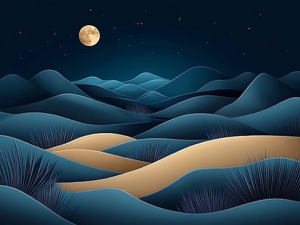 Abstract Sand Dunes Landscape With Moon At Night