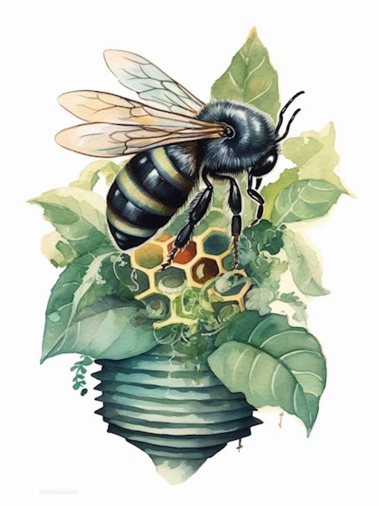 Green Sweat Bee Beehive Watercolour Illustration 2
