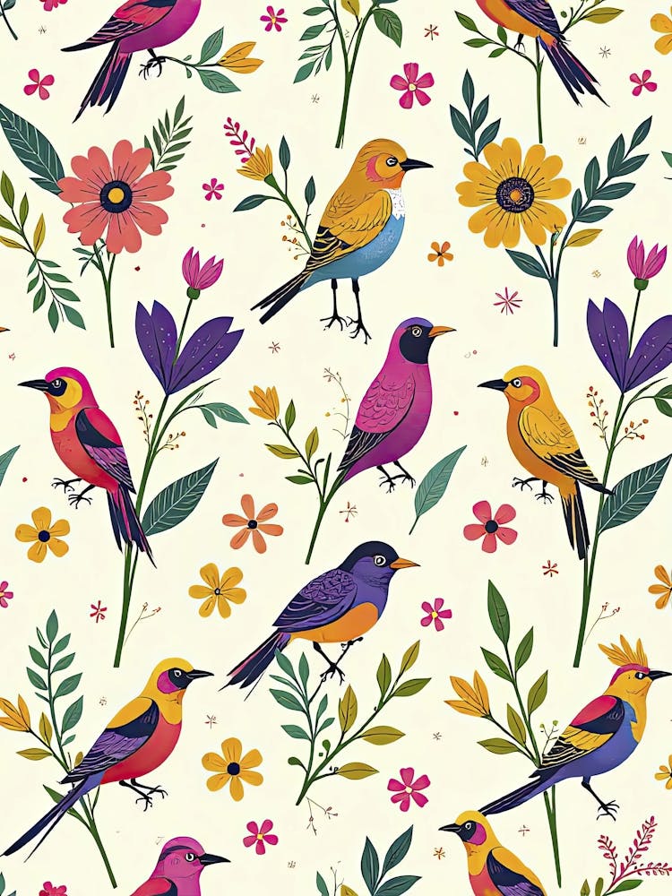 Flowers and birds - floral pattern poster