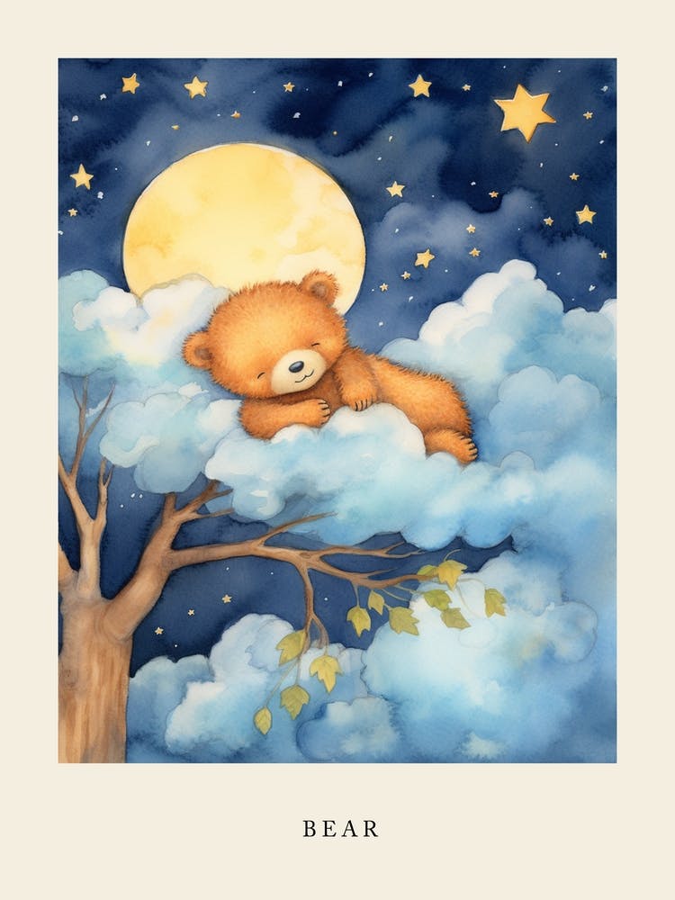 Baby Bear Cub 3 Sleeping In The Clouds Nursery Poster