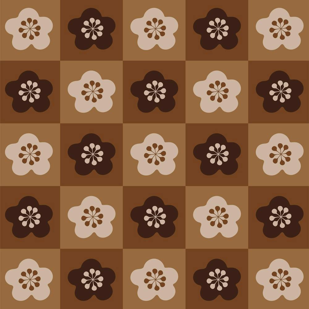 SAKURA CHECKERBOARD Japanese Cherry Blossom Flowers Geometric Checkered Grid in Brown Beige Tan Earth Tones