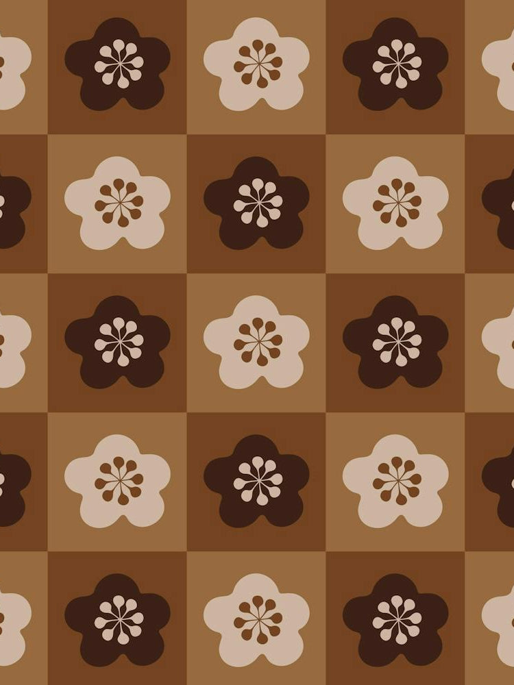SAKURA CHECKERBOARD Japanese Cherry Blossom Flowers Geometric Checkered Grid in Brown Beige Tan Earth Tones