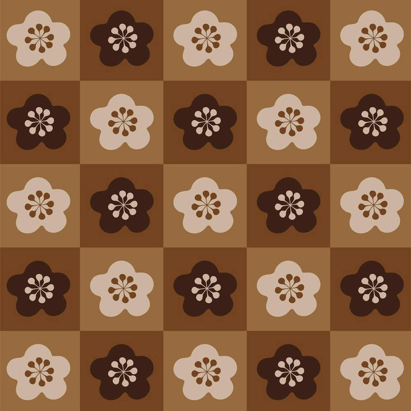 SAKURA CHECKERBOARD Japanese Cherry Blossom Flowers Geometric Checkered Grid in Brown Beige Tan Earth Tones