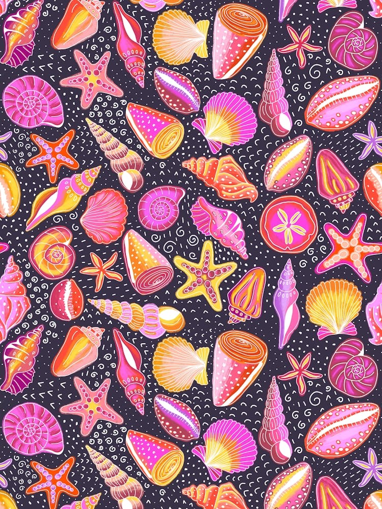Scattered Seashells and Doodles Pink, Orange, and Yellow on Black