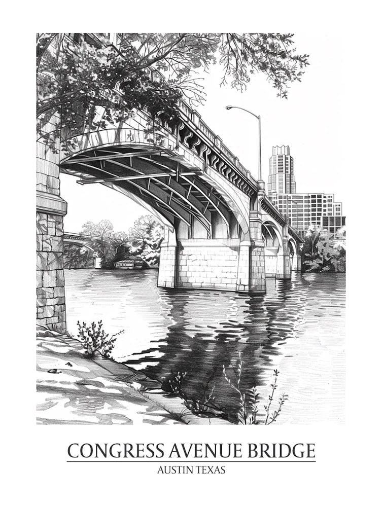 Congress Avenue Bridge Austin Texas Black And White Drawing 4 Poster