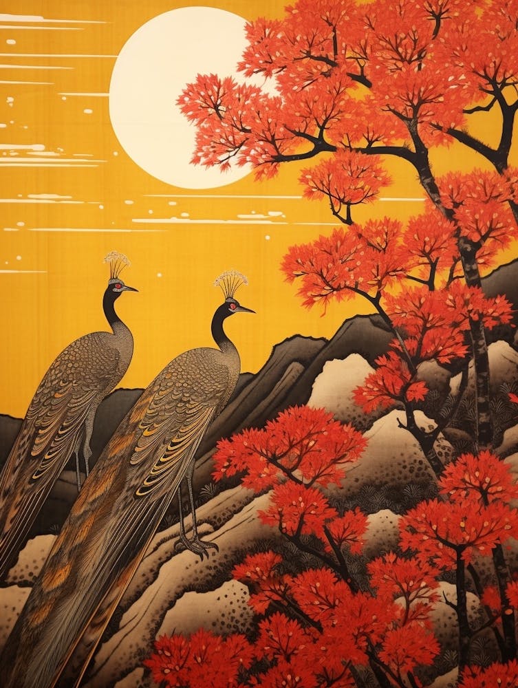 Autumn Dandelion And Peacocks 1 Vintage Japanese Botanical