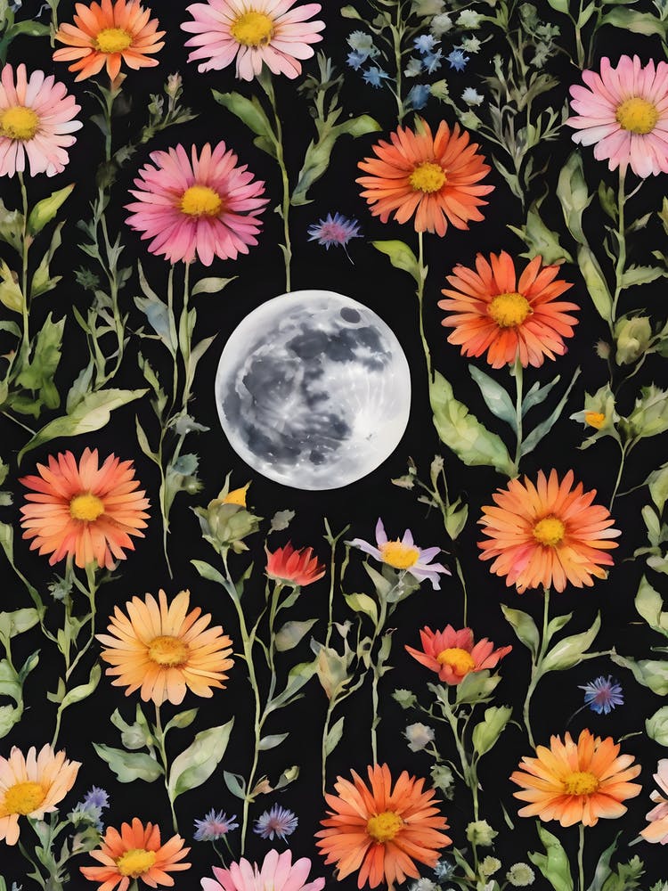 Moon Among The Wildflowers ~ Art Nouveau Colorful Flowers Full Moon Wheel of the Year Almanac Black Background Beautiful Moon Phases, Home Decor Watercolour Painting Pagan Fairytale